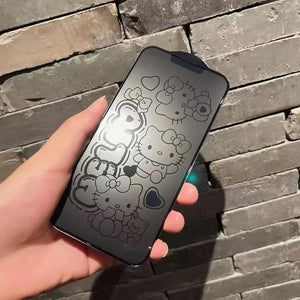 Engraving Anime Cartoon Hello Kitty iPhone 100% Screen Protector Tempered Glass 12 13 14 15 Mini Plus Pro Max -Matte