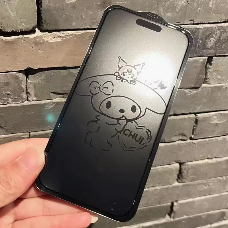 Engraving Anime Cartoon Melody iPhone 100% Screen Protector Tempered Glass 12 13 14 15 Mini Plus Pro Max -Matte