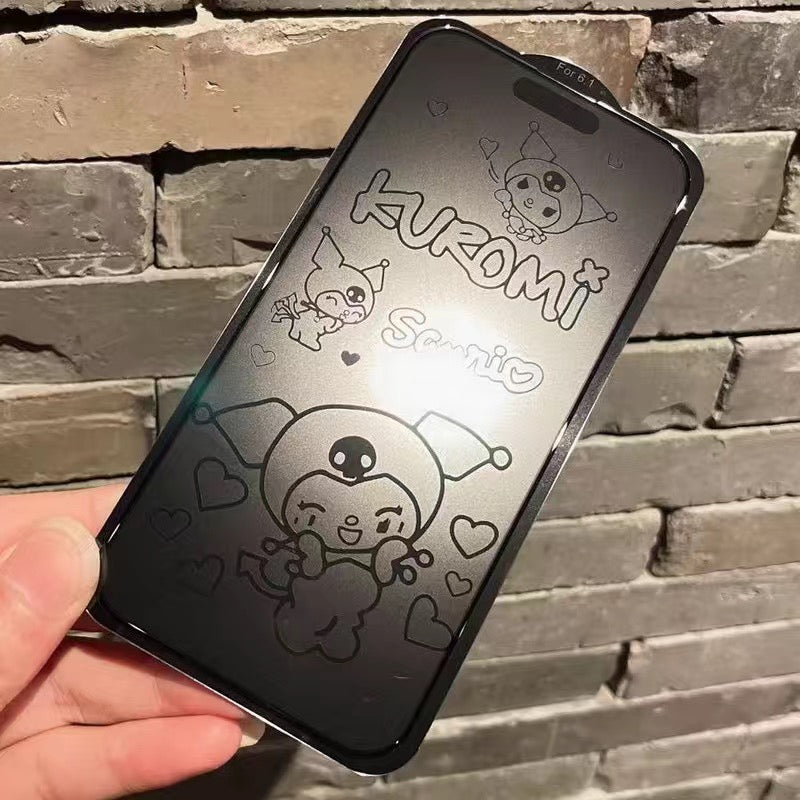 Engraving Anime Cartoon Kuromi iPhone 100% Screen Protector Tempered Glass 12 13 14 15 Mini Plus Pro Max -Matte