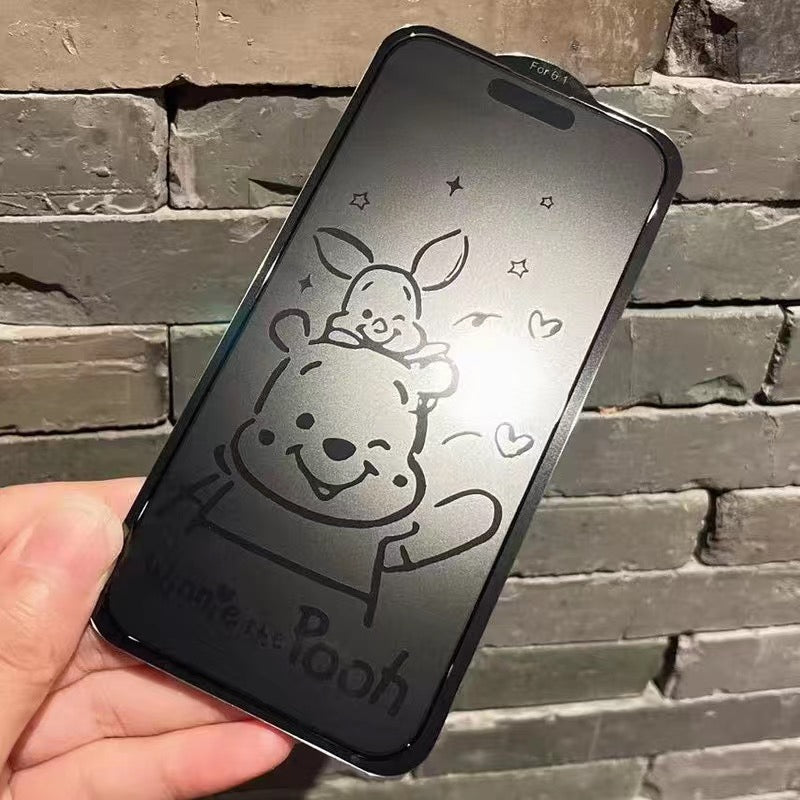 Engraving Anime Cartoon Winnie The Pooh iPhone 100% Screen Protector Tempered Glass 12 13 14 15 Mini Plus Pro Max -Matte