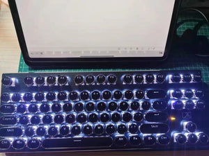 Wireless Bluetooth Retro Mechanical LED Light Changing Gaming Keyboard/ Typewriter Style Plating 87 Round Keycaps/ PC Laptop Tablet Ipad Smart Phone - #BLACK